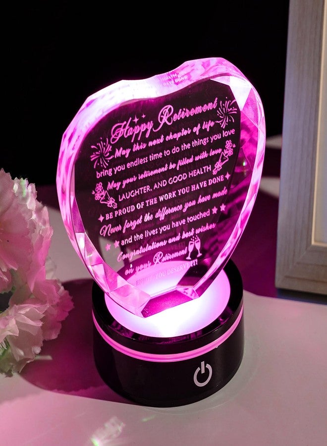 YWHL Retirement Gifts for Women Men Best Happy Retirement Gifts with LED Base Crystal Heart Keepsake Farewell Retired Plaque Gift Idea for Retiree Friends Boss Teacher Coworker Nurse - Image 4